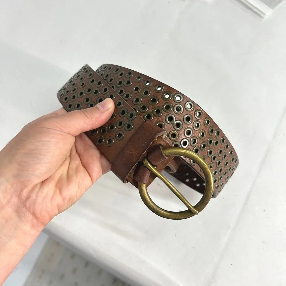 Abercrombie & Fitch‎ Grommet Studded Leather Belt L Brown Boho Indie Sleaze Y2K
